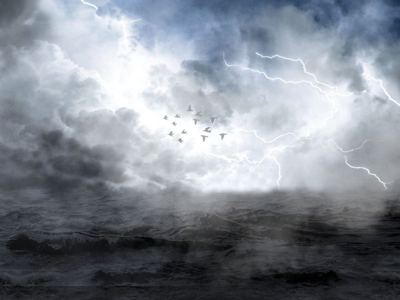 A wide dark landscape split by a lightning bolt